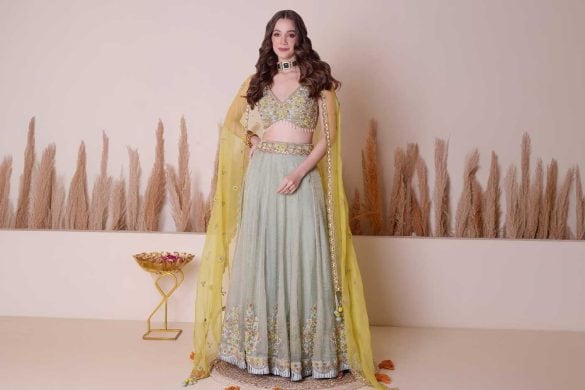 Green Floral Embroidered lehenga by Surabhi Arya