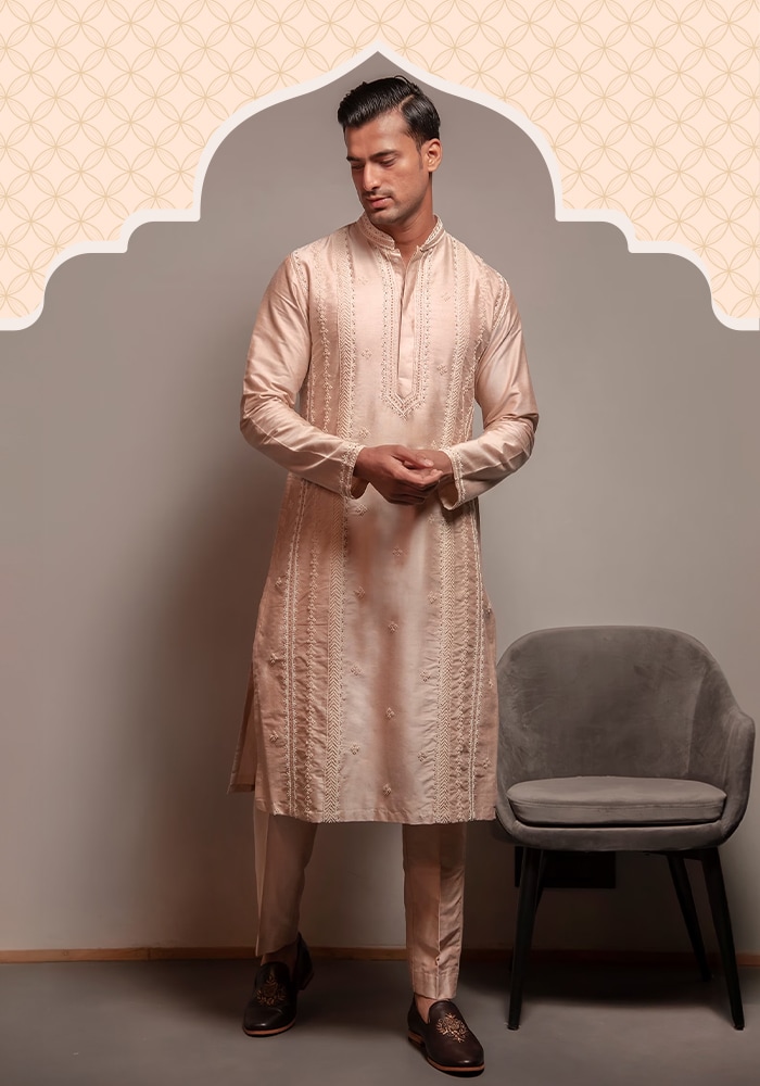 Darshika Menswear peach kurta set