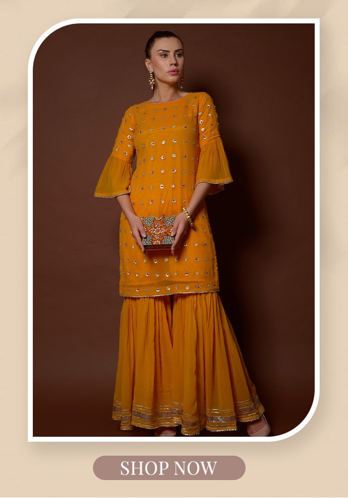 Surabhi Arya Yellow Red Motif Aza Fashions