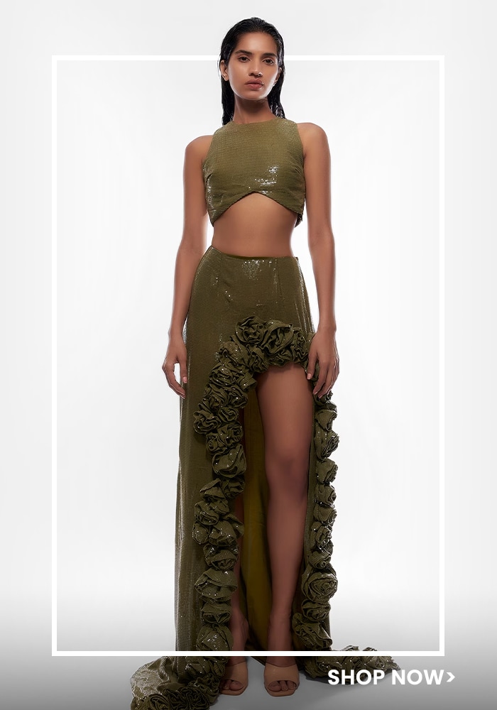 Green sequins skirt and crop top