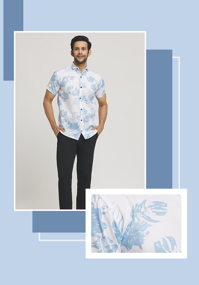 White shirt with blue botanical prints