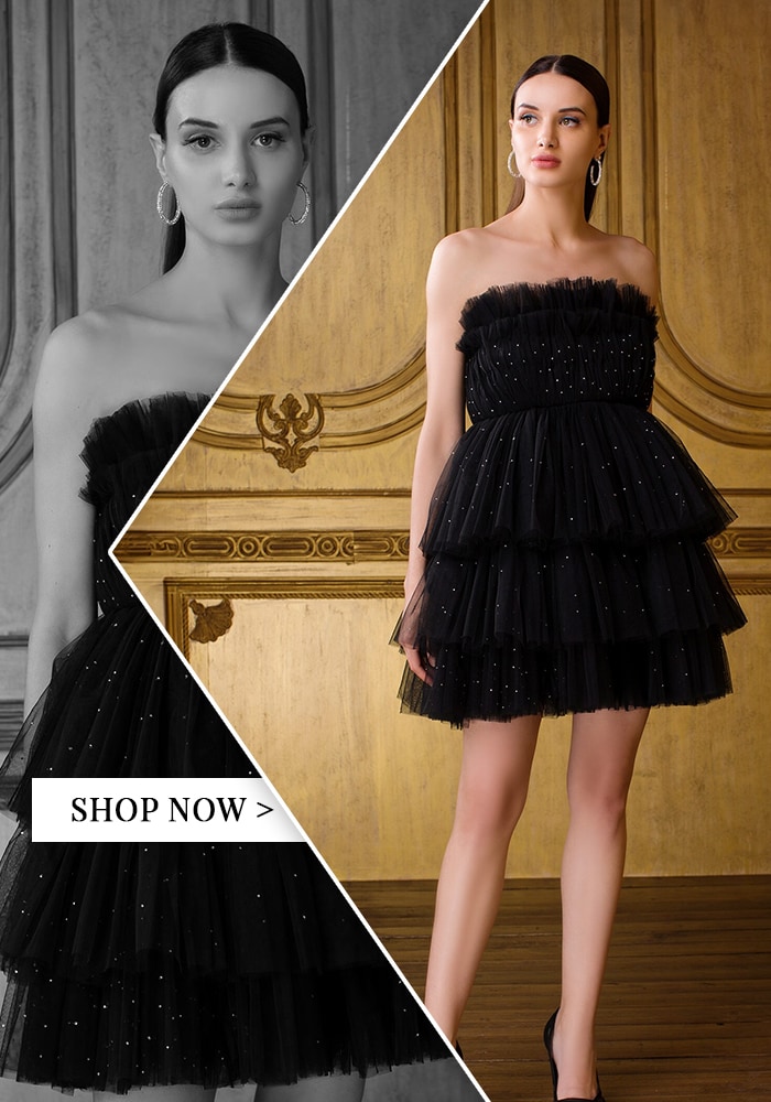 Black Tulle Embellished Ruffle Dresses