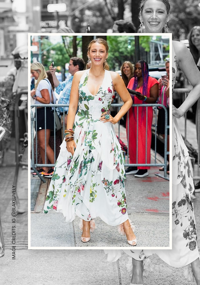 Blake Lively in a white floral dress  