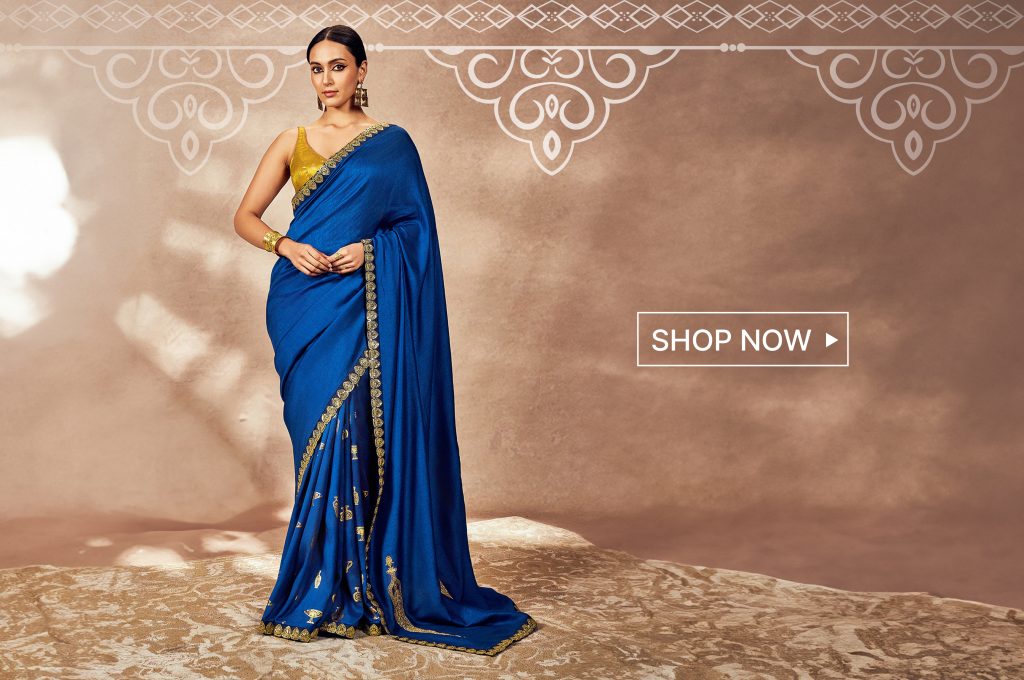 Blue Raw Silk Embroidery Potters Touch Saree With Unstitched Blouse Piece