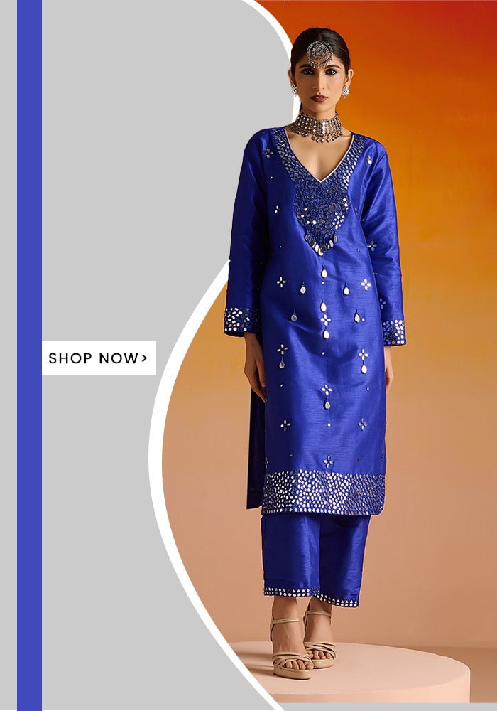 Blue Raw Silk Hand Embroidered Mirror Work Deep Plunge Kurta Pant Set