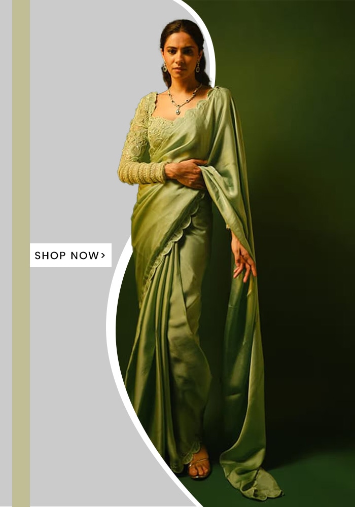 Green Falling Organza Solid Square Neck Alica Scallop Border Saree Set