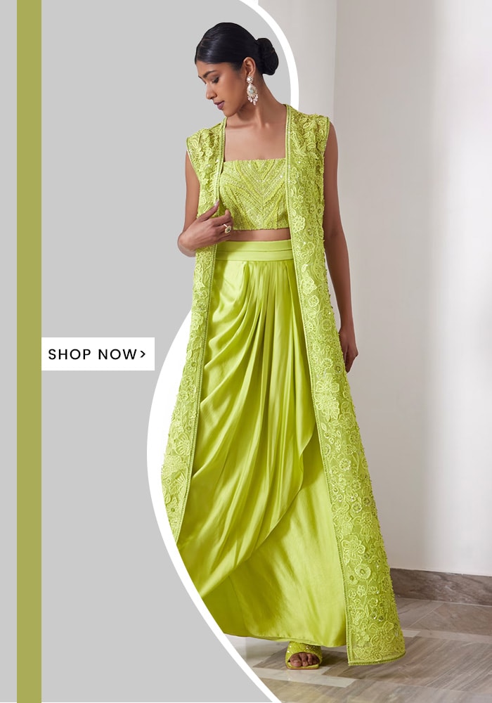 Green Jacket And Crop Top - Organza Draped Skirt