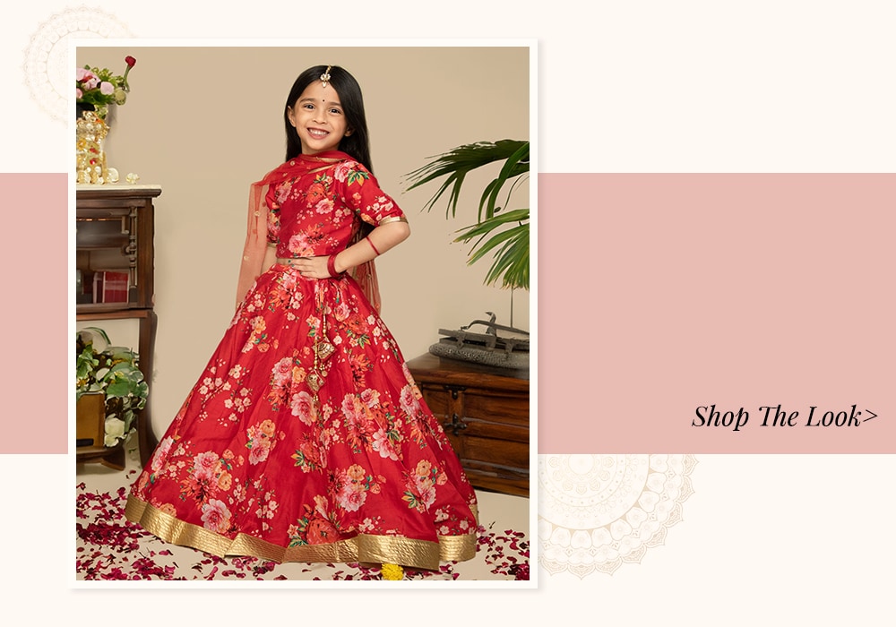 Red floral printed lehenga with dupatta