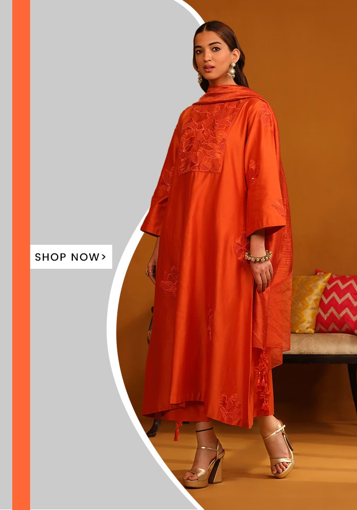 Orange Kurta And Trouser Cotton Satin Applique Floral