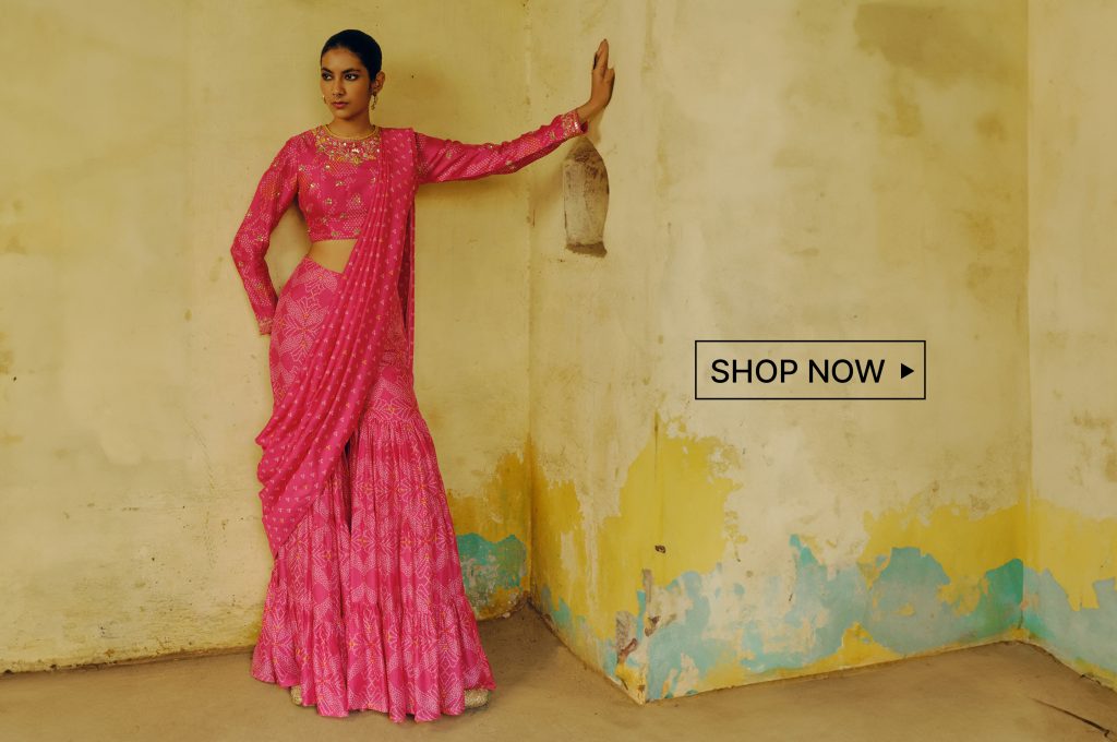 Pink Dupion Silk Bandhej Phool Pre-draped Sharara Saree With Blouse