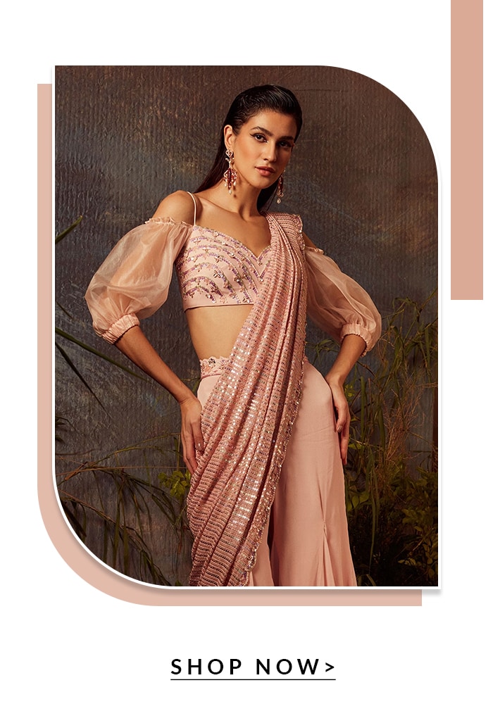 Pink Crepe Embroidered Bugle Beads Pant Saree With Puff Sleeve Blouse