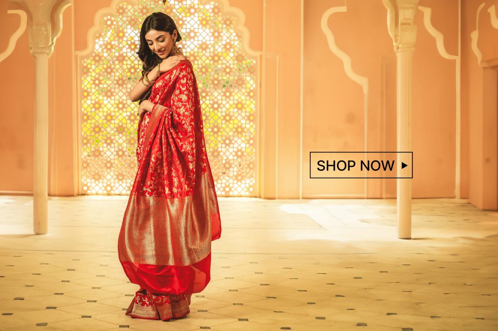 Red Pure Katan Silk Hand Shikargah Hunting Motifs Saree With Running Blouse