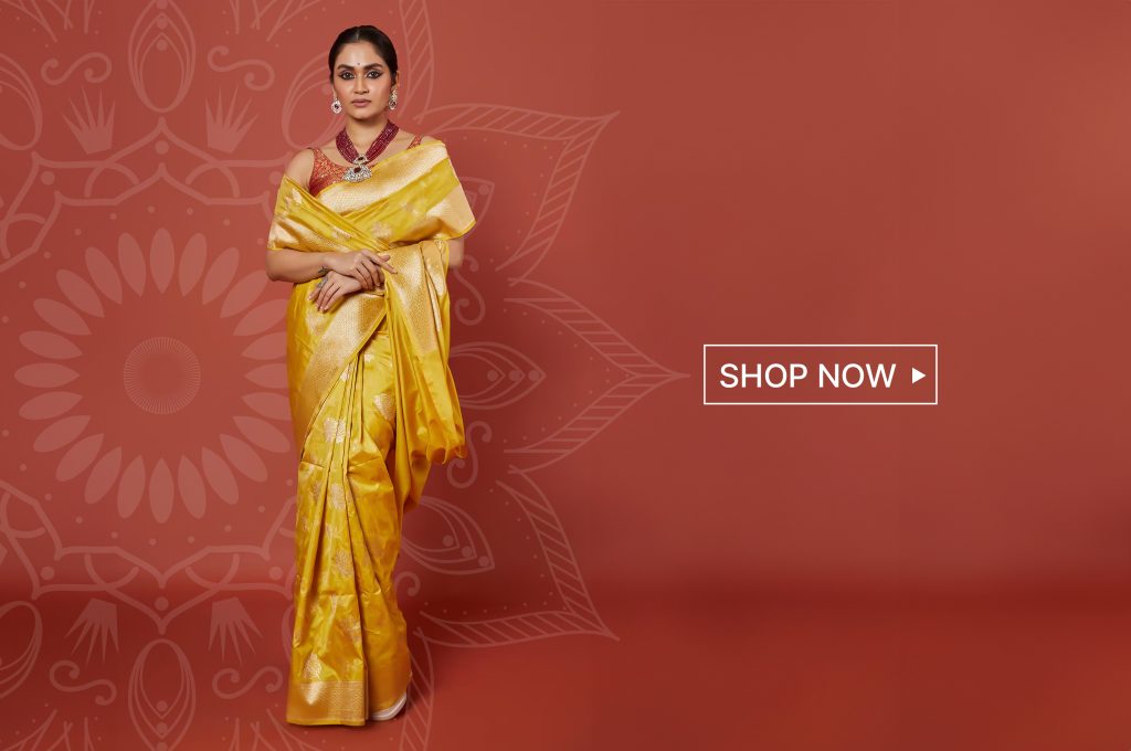 Yellow Banarasi Pure Silk Handwoven Lotus Saree With Running Blouse