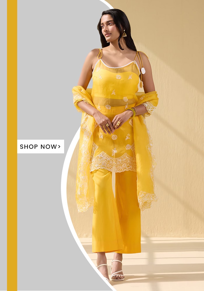 Yellow Organza Embroidery Thread Round Neck Wildbloom Kurta Pant Set