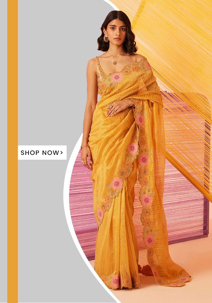 Yellow Saree Striped Tissue Silk Museum Of Mind And Blouse Set