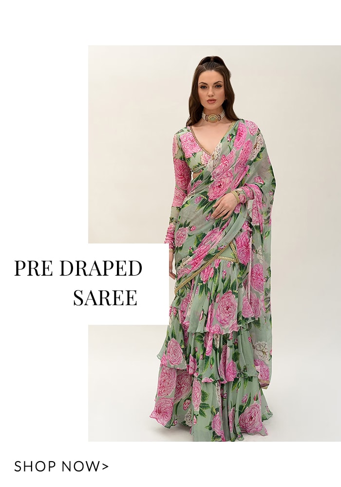 Floral pre draped Saree- Diwali Card Party