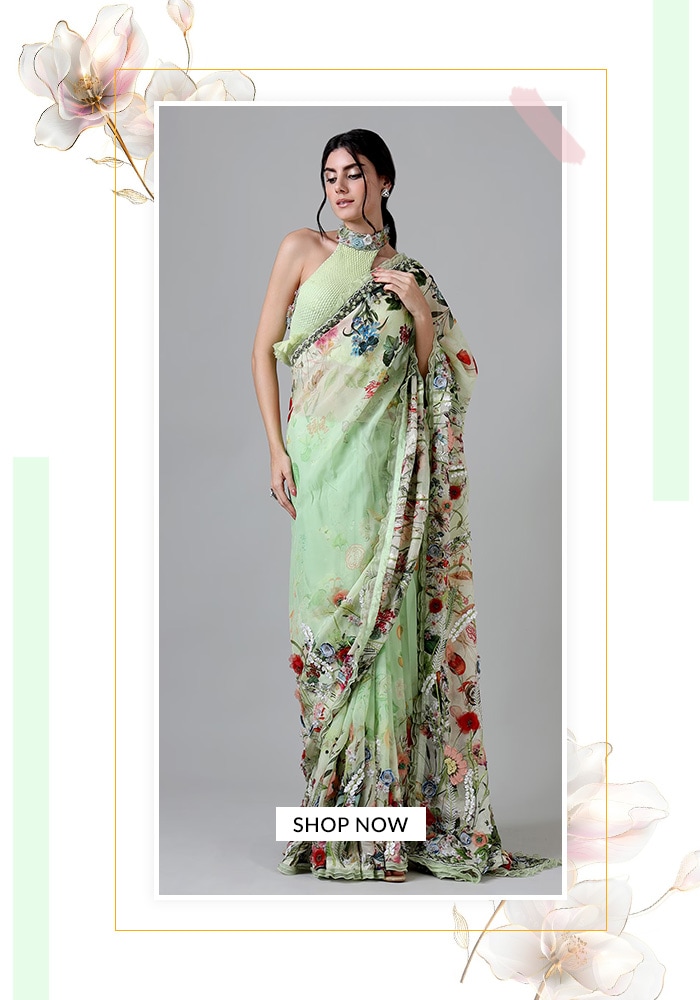 Floral printed saree with embroidery