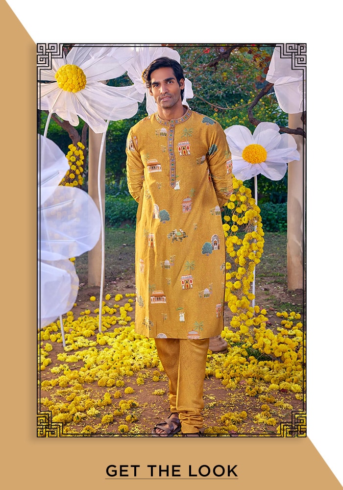 Yellow Chanderi Printed And Hand Embroidered Mughal Palace Arnav Kurta Set