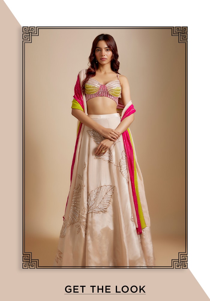 Peach Mashroo Hand Embroidered Badla Sweetheart Leaf Lehenga Set