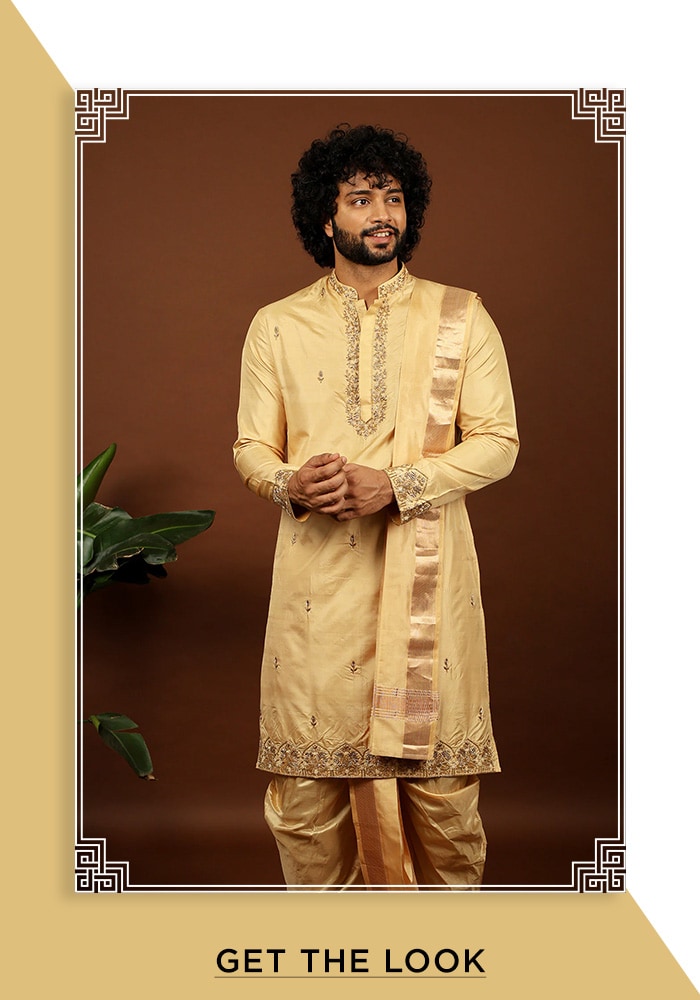 Gold Kanchipuram Pure Silk Hand Embroidery Zari Dorado Embordered Kurta Set