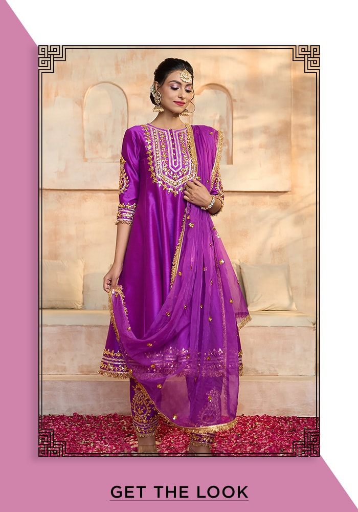 Purple Anarkali And Salwar Dupion Embroidered Gota Floral Yoke Set