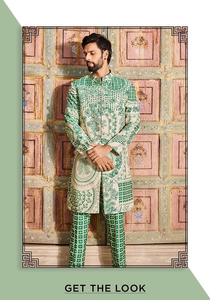 Green Dola Silk Printed Thikri Embroidered Sherwani And Pant Set