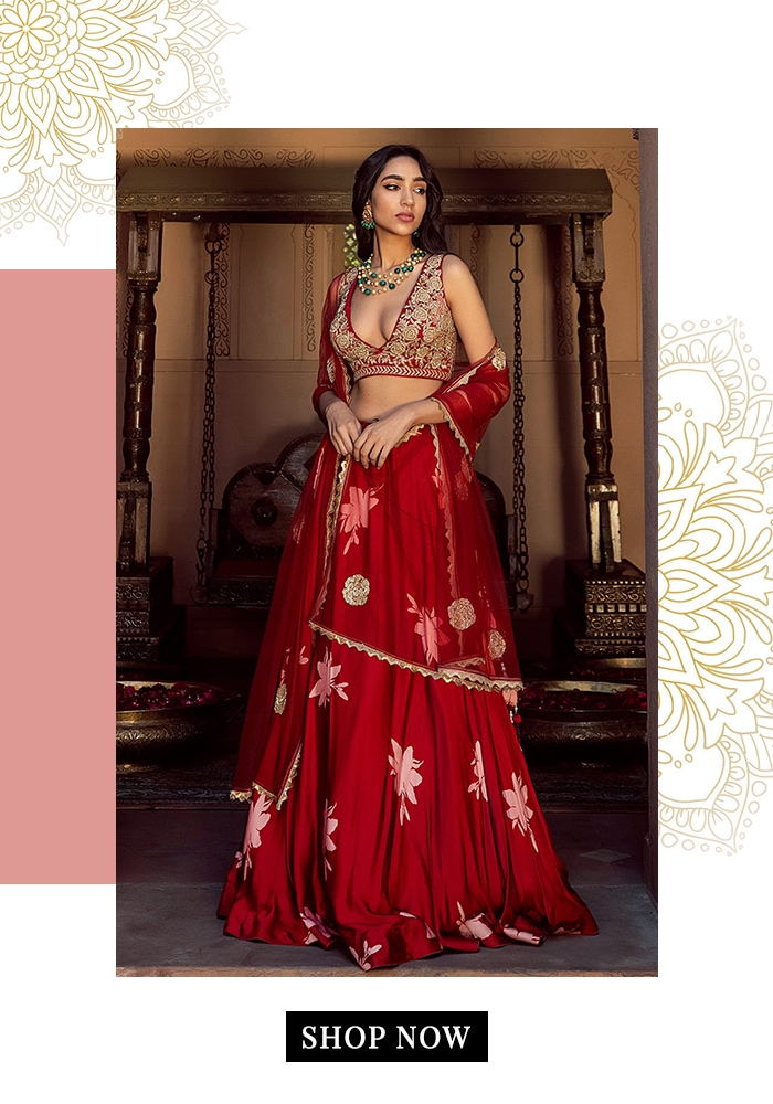 red satin lehenga by Seeaash