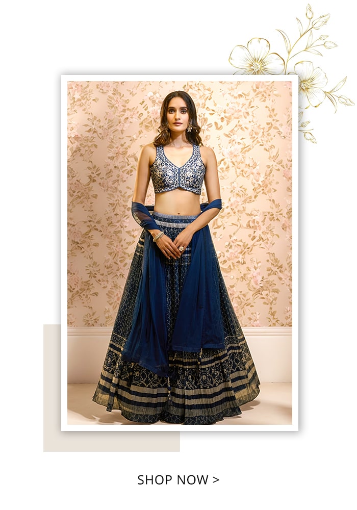 Blue Blouse Raw Silk Printed Floral Work V Neck Pleated And Pattern Lehenga Set