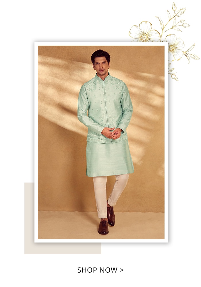 Green Kurta And Bundi Silk Embroidered Floral Mirrorwork Set