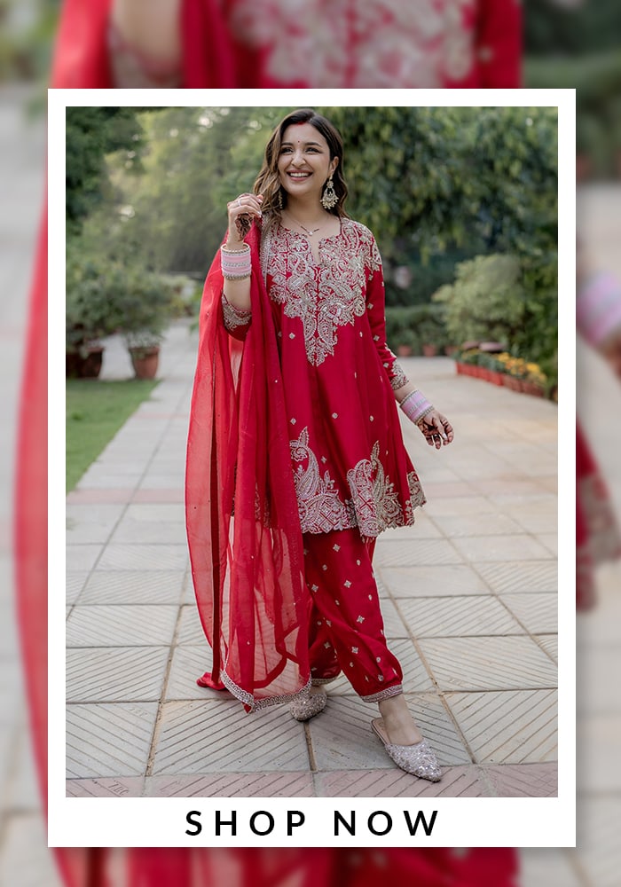 Parineeti Chopra in Mrunalini Rao Red Anarkali Set
