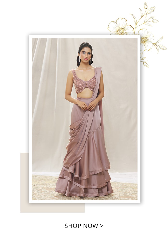 Pink Imported Satin Hand Embroidered Cut Dana Blouse With Pre-draped Skirt Saree