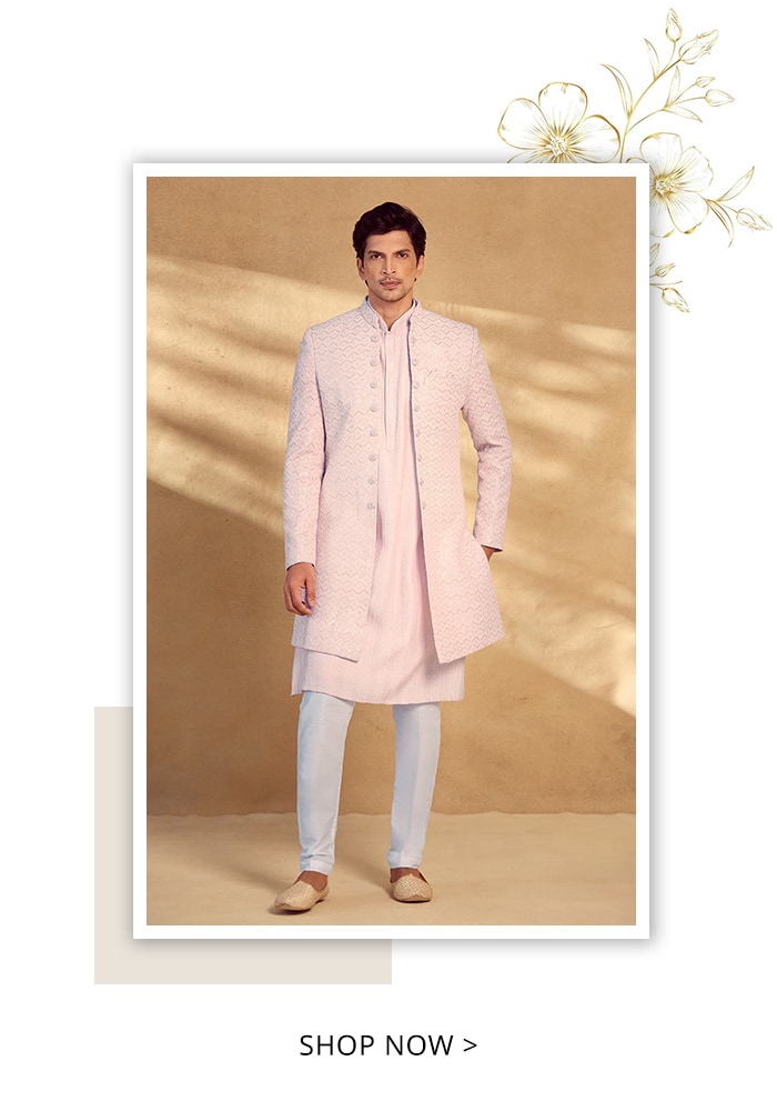 Pink Pant Poly Silk Embroidered Chevron Open Sherwani Set