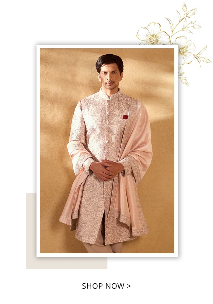 Pink Sherwani And Stole Silk Embroidered Floral Jaal Set