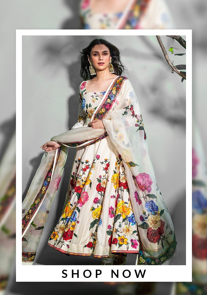 Rohit Bal Silk Floral Printed Ivory Anarkali Suit
