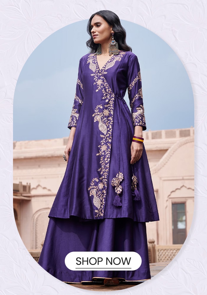 Purple Silk Embroidered Zari V Neck Mor Angrakha with Sharara  