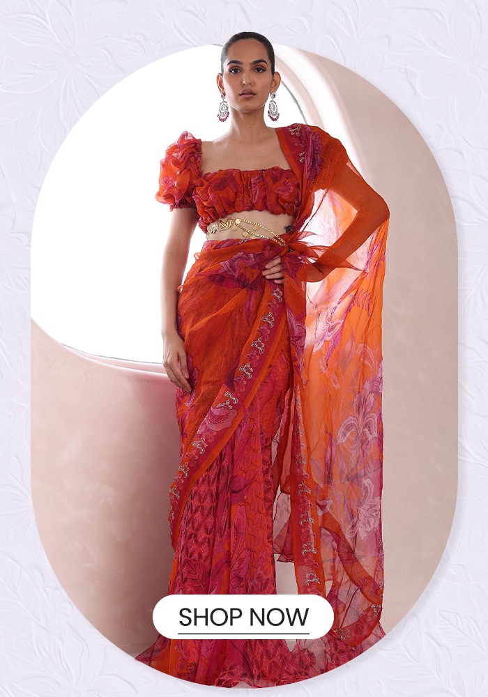 Orange Organza Embroidered Raha Jaal Pattern Pre-draped Saree with Blouse 