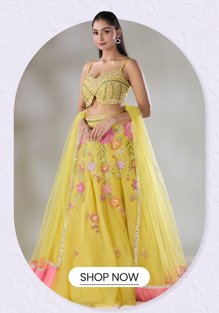 Yellow Organza Embroidery Sequin Sweetheart Neck Floral Lehenga Set 