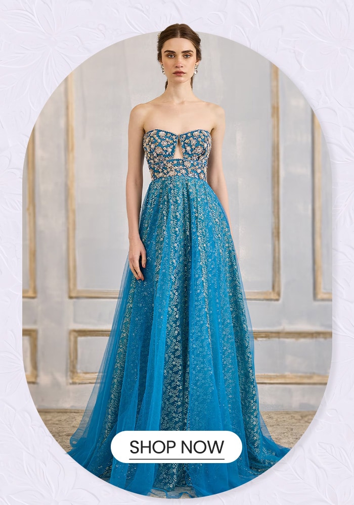 Blue Tulle Embroidery Sequin Sweetheart Neck Gown 