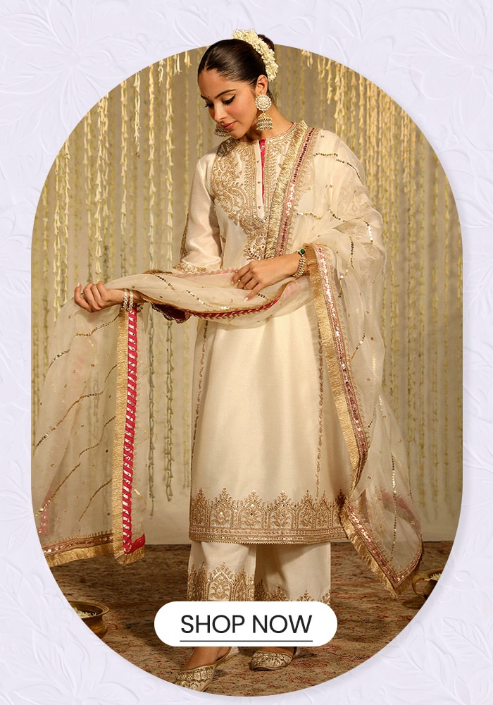 Ivory Kurta and Palazzo Silk Chanderi Embroidery Kiran Dori Mahika A-line Set 