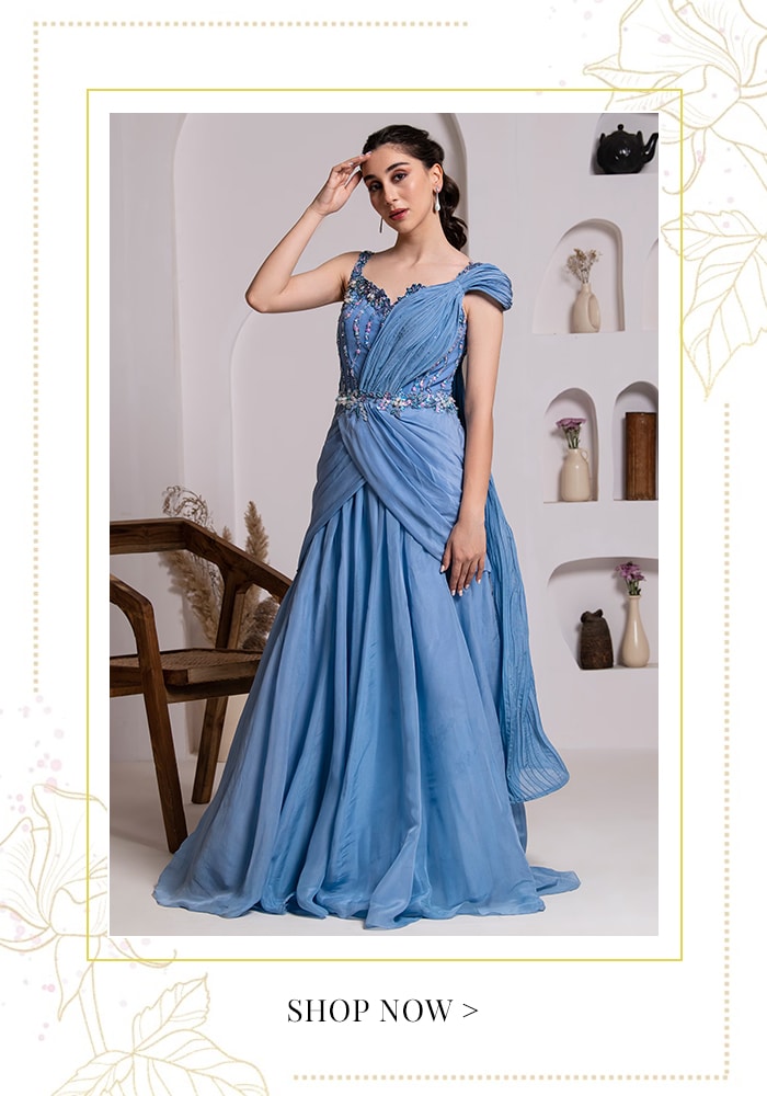 blue chiffon saree gown for bridesmaids