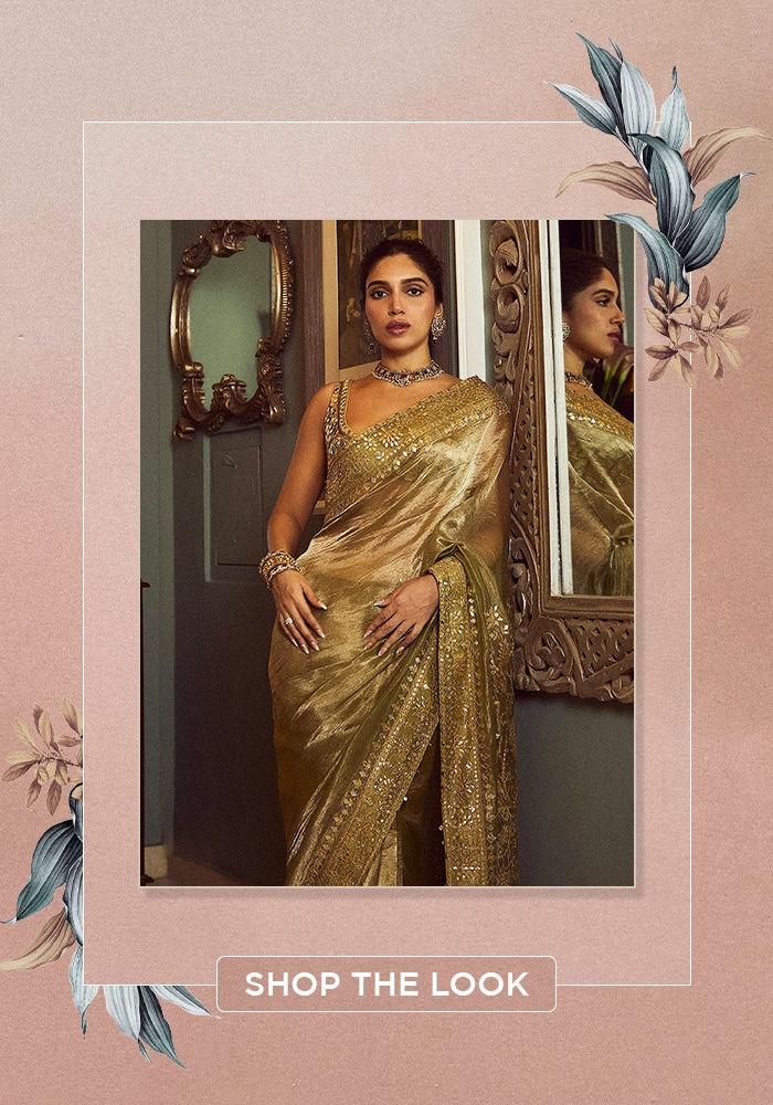 Bhumi Pednekar in gold mirror bordered saree