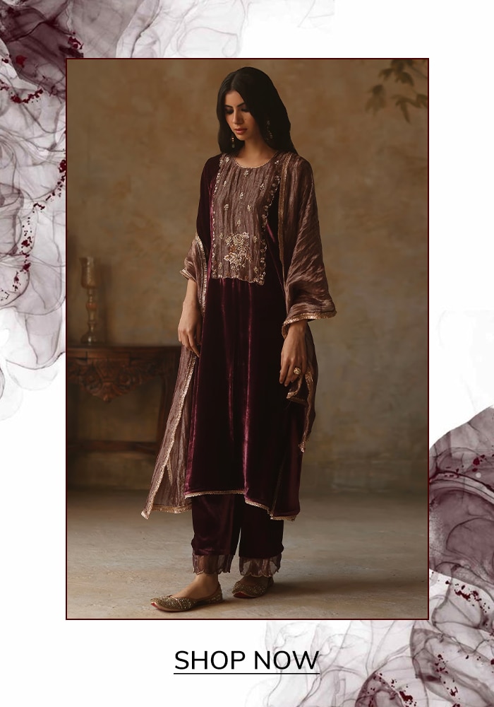 Burgundy Velvet Kurta Set 