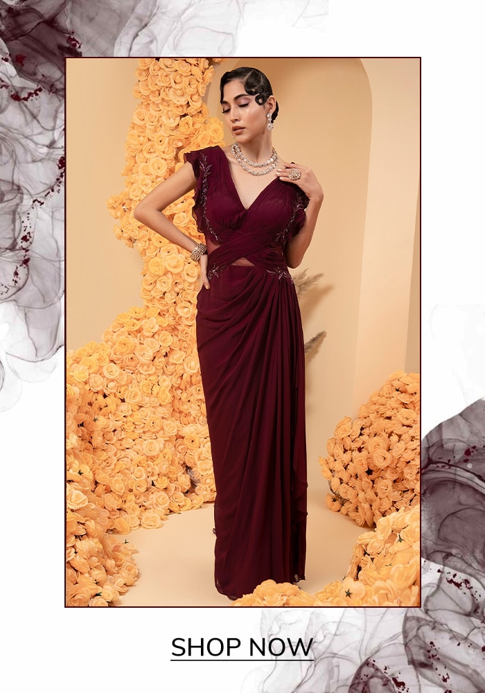 Burgundy V Neck Draped Gown 