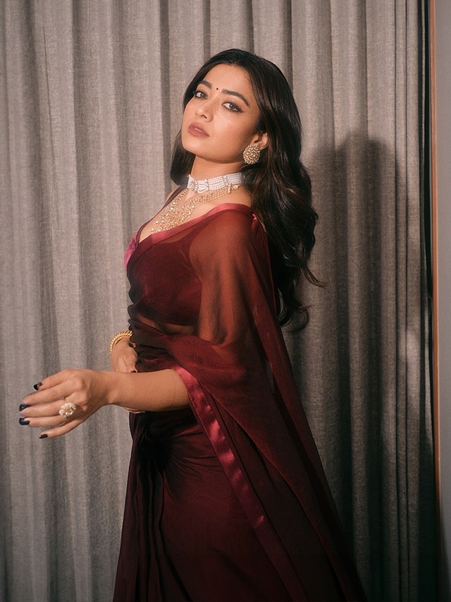 Rashmika Mandanna stuns in burgundy saree at Pushpa 2 trailer launch