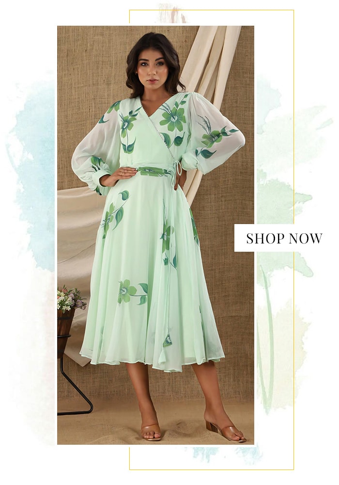 Hand-painted pista green midi dress