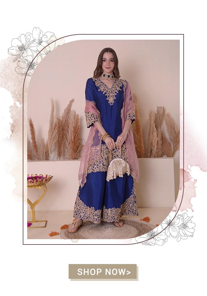 Blue Bamberg Silk Embroidery Zari V Neck Floral Kurta Sharara Set