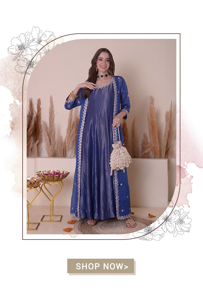 Blue Tissue Embroidery Floral Anarkali Round Neck With Jacket