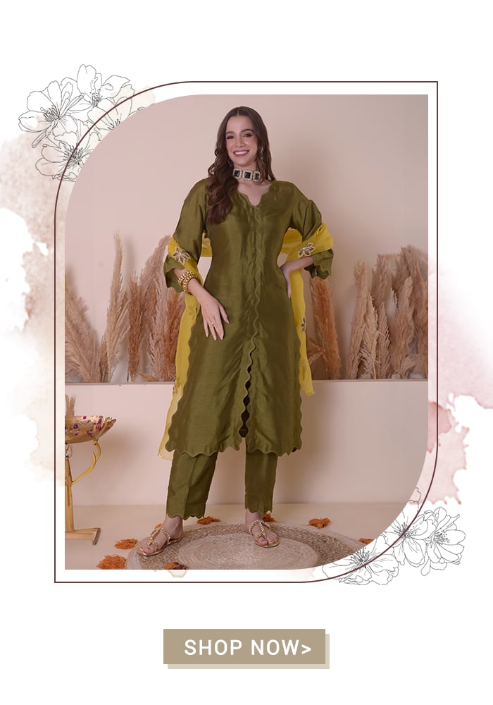 Green Bamberg Silk Embroidery Zari V Straight Scallop Cutwork Kurta Pant Set