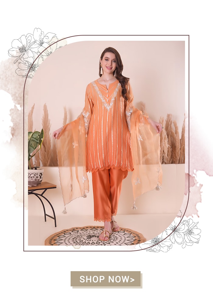 Orange Kurta Mul Chanderi Embroidery Zari Notched Stripe Set