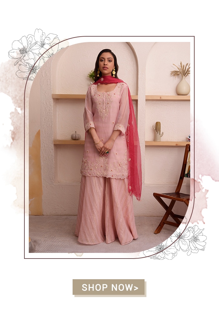 Pink Organza Embroidery Bead Round Kurta Sharara Set